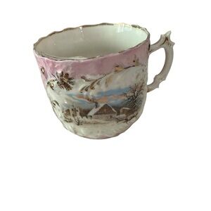 Mustache Cup Unbranded pink with Gold Trim Winter snow scene with House Vintage